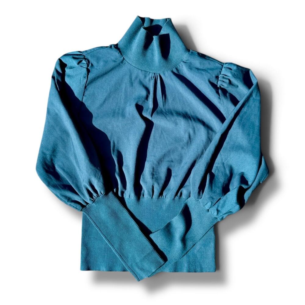 French Connection Krista Rib Trim Mixed Media Turtleneck Deep Teal Size S